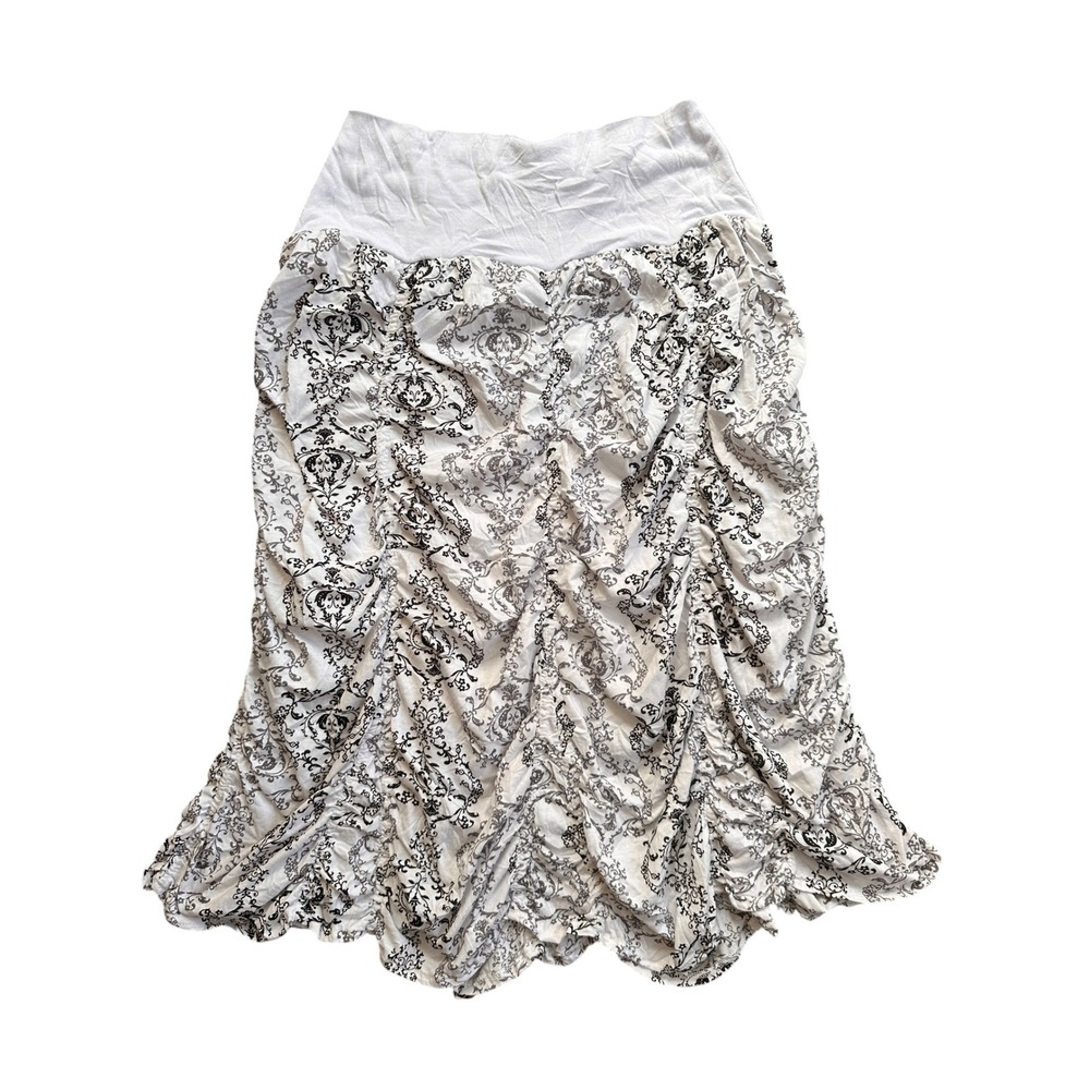 Surrealist Damask Ruched Midi Skirt Womens Size 3 White Black Baroque Excellent